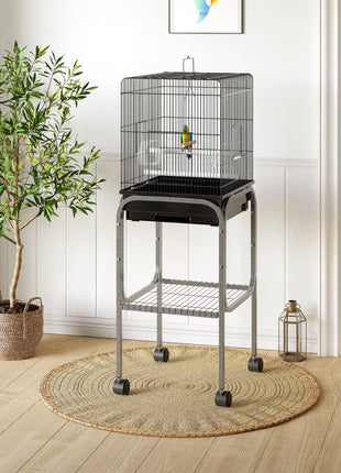 45-inch Metal Indoor Bird Cage, Parrot Cage, Bird Aviary with Detachable Rolling Stand, Storage Basket, and Accessories - Black