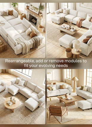 Sectional Sofa, L Shaped Couch with Deep Seat, Movable Ottoman and Pillow-top Armrests, Beige