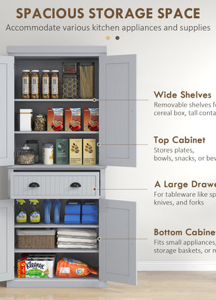 72" Traditional Kitchen Pantry Cabinet, Freestanding Tall Storage Cabinet with 4 Doors, Drawer and 3 Adjustable Shelves for Dining Room, Gray