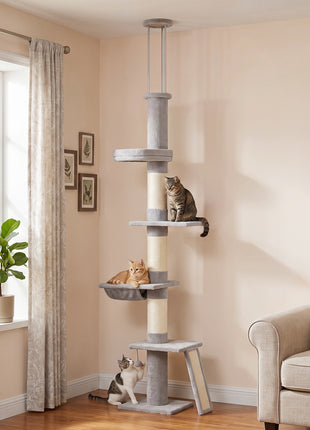 90.6" -102.4" Floor-to-Ceiling Cat Tree Adjustable Height with 3-Rod Support, 5-Level Cat Tower, Light Gray