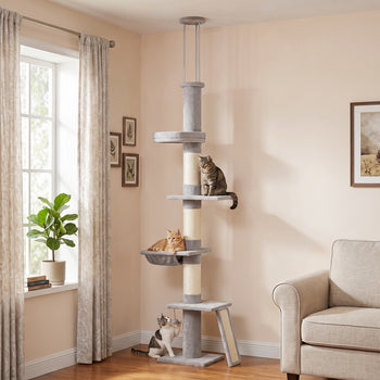 90.6" -102.4" Floor-to-Ceiling Cat Tree Adjustable Height with 3-Rod Support, 5-Level Cat Tower, Light Gray
