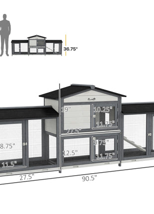 90.5" Wooden Rabbit Hutch Bunny Cage Pet Playpen House Enclosure with Double Side Run Boxes, No Leak Tray, Ramp, for Rabbits, Chickens, Ducks, Guinea Pig and Small Animals, Light Gray
