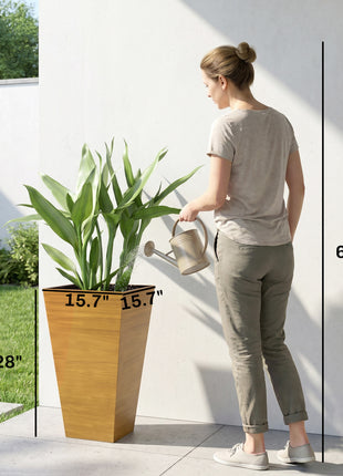 Set of 3 Tall Planters, 28" Outdoor Planter w/ Drainage Holes, Faux Wood Plastic Flower Pots, Light Brown