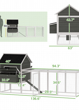 137" Wooden Chicken Coop for 4-6 Chickens, Backyard, Dark Gray