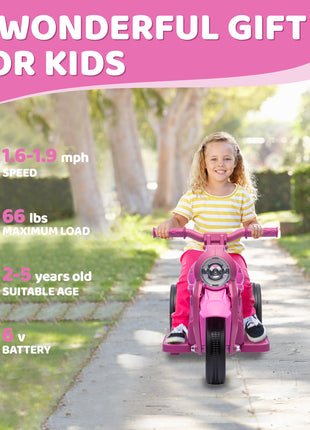 Ride On Motorcycle, 6V Ride on Bubble Car, 3 Wheeled Electric Motorcycle for Kids w/ LED Headlight, Music, Pink