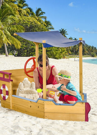 Kids Wooden Sandbox, w/ Canopy Bench Seat Storage Space, Aged 3-8 Years Old