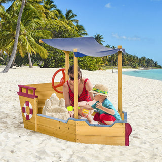 Kids Wooden Sandbox, w/ Canopy Bench Seat Storage Space, Aged 3-8 Years Old