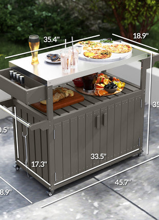 Outdoor Bar Cart with Storage, Stainless Steel Outdoor Bar Table Top, Wheeled HDPE Kitchen Island for Food Prep, Gray