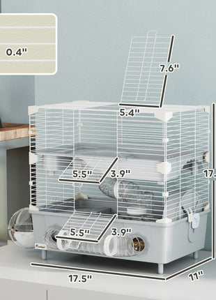 2-Tier Hamster Cage with Sand Bathroom, Running Wheel, Water Bottle, Tubes, Accessories, for Dwarf Hamster, Gray