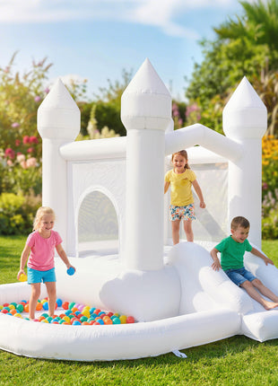 Inflatable Bounce House, 3-in-1 White Castle Bouncy House with Slide, Ball Pit and 370W Blower for Kids Ages 3-8, White