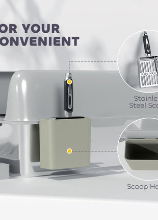 High Sided Stainless Steel Litter Box with Metal Scoop & Scoop Holder, for Easy Clean& Anti-Urine Leakage, Light Gray