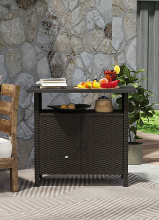 Wicker Outdoor Storage Cabinet with Two Doors and Shelf for Outdoor Pool Towel Storage, Dark Coffee