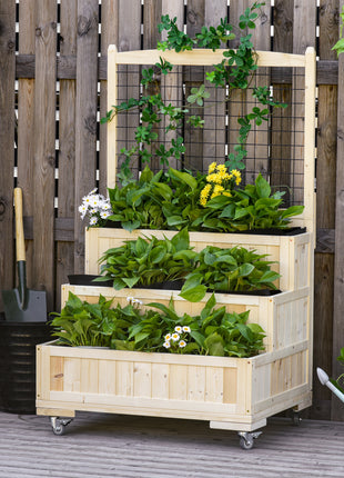 3-Tiers Raised Garden Bed with Trellis, 53" H Vertical Planter Box with Wheels & Back Storage Area, for Flowers, Vegetables, Herbs, Natural