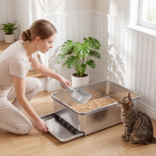 Stainless Steel Litter Box, XL Sifting Cat Litter Box for Medium, Large Cat, Non-Sticky, Odour Free, Easy Clean, Silver