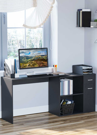 L Shaped Computer Desk, 180° Rotating Corner Desk with Storage Shelves, Drawer and Cabinet, Study Workstation for Home Office, Black