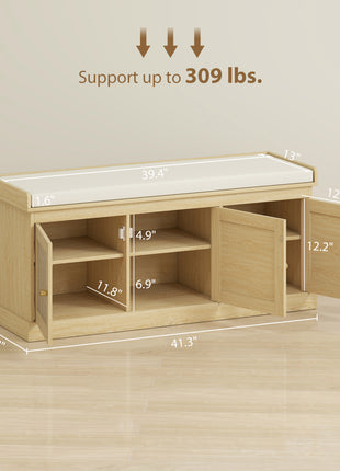 Shoe Storage Bench with Woven Rattan Doors, Shoe Bench with Cushion, Adjustable Shelves, Entryway Bench, Oak Tone