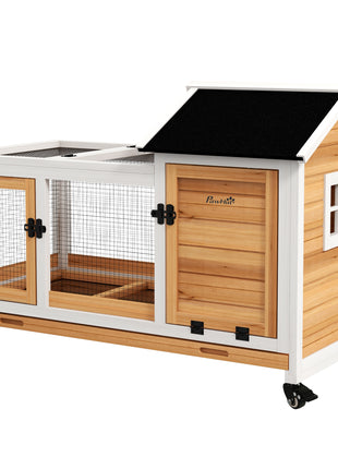 Wooden Rabbit Hutch with Wheels, Run, Slide-out Tray for Small Animals, Guinea Pig, Yellow