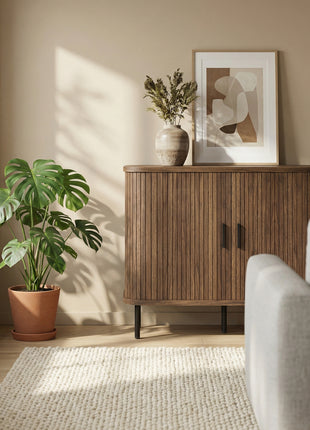 35.4" Sideboard Buffet Cabinet with Storage, Nordic Coffee Bar Cabinet with Slatted Tambour Doors and Metal Legs, Walnut