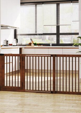 Freestanding Length Adjustable Wooden Pet Gate with Lockable Door 3 Panels, Brown