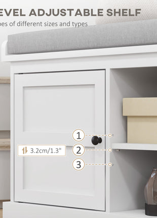 Shoe Storage Bench with Cushioned Seat, Entryway Bench Seat with 2 Cabinets and Adjustable Shelf for Hallway, White
