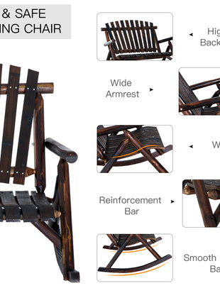 Wooden Porch Rocking Chair, Wood Double Adirondack, Rocker for Indoor or Outdoor with High Rise Slatted Back, Carbonized