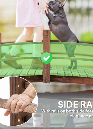 Fir Wood Garden Bridge Arc Walkway with Side Railings for Backyards, Gardens, and Streams, Stained Wood, 60" x 26.5" x 19"