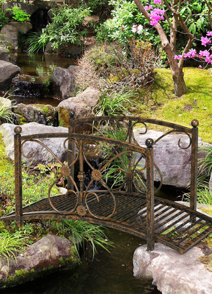 3.3' Metal Garden Bridge, Decorative Classic Footbridge Pond Bridge with Safety Railings for Backyard Garden Creek, Rust Brown