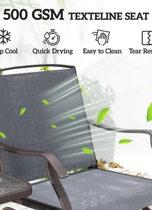 3 Piece Outdoor Glider Chair with Coffee Table Bistro Set, 2 Patio Rocking Swing Chairs with Breathable Sling Fabric, Glass Tabletop, for Backyard, Garden and Porch, Gray