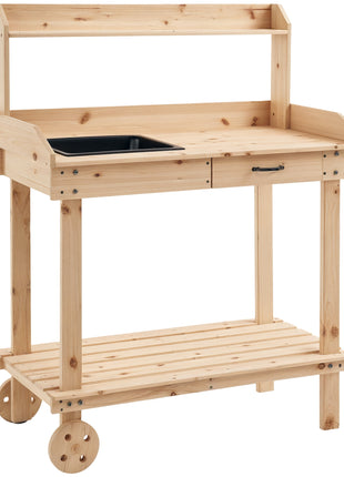 36" Wooden Potting Bench Work Table with 2 Removable Wheels, Garden Workstation with Removable Sink, Drawer & Large Storage Spaces, Natural