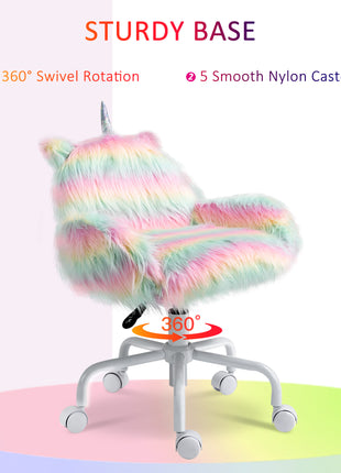 Fluffy Unicorn Office Chair with Mid-Back and Armrest Support, 5 Star Swivel Wheel White Base, Rainbow