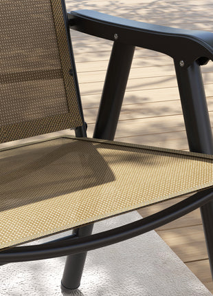 Set of 4 Outdoor Folding Chairs, Stackable Patio Dining Chairs with Armrests, Metal Frame, Light Mixed Brown