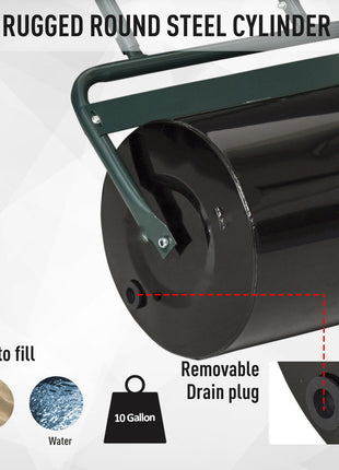 20-Inch Push/Tow Behind Lawn Roller Filled with 10 Gal Water or Sand for Flattening Sod in the Garden, Dark Green