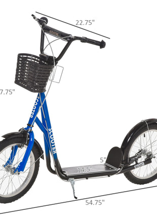 Youth Scooter, Kick Scooter with Adjustable Handlebars, Double Brakes, 16" Inflatable Rubber Tires, Basket, Blue