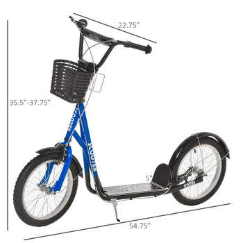 Youth Scooter, Kick Scooter with Adjustable Handlebars, Double Brakes, 16" Inflatable Rubber Tires, Basket, Blue