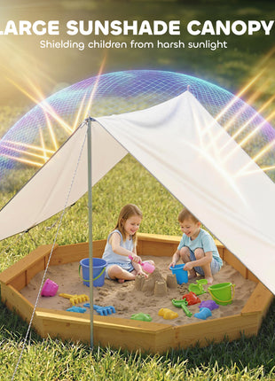 Wooden Sandbox with Large Canopy, Outdoor Sand Box with 4 Bench Seats, Bottom Liner for 8 Kids Aged 3-8, Yellow