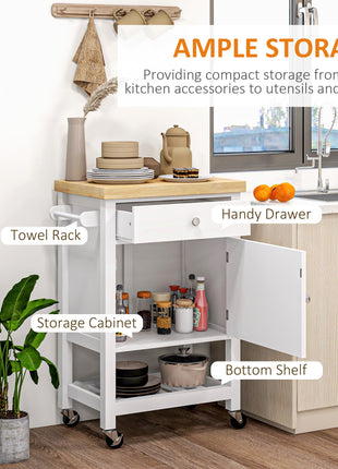 Kitchen Island on Wheels, Rolling Kitchen Cart with Rubberwood Top, Drawer, Wine Rack and Cabinet, White