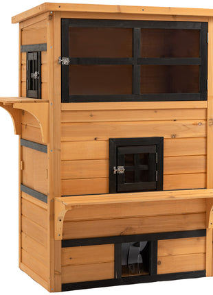 Outdoor Cat House, 3-Tier Kitty Shelter with 5 Escape Doors, Weather Resistant, Yellow & Black