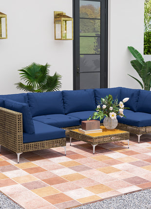 7 Piece Wicker Patio Furniture Set, Modular Outdoor Sectional with Thickened Cushions, Acacia Wood Table, Brown/Blue
