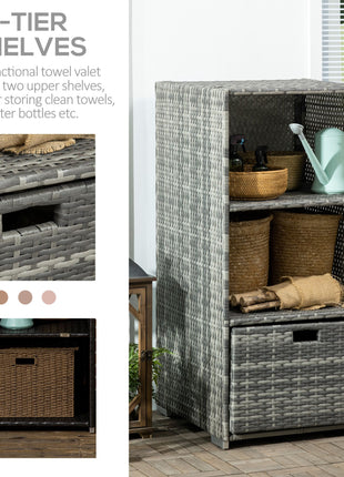 Valet Pool Towel Rack, Waterproof PE Plastic Rattan Wicker Storage Organizer, Indoor Outdoor Spa, and Hot Tub Accessory Storage, 2 Shelves, 1 Basket Drawer, Gray