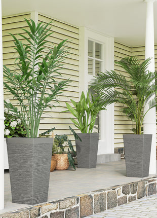 22.8 Inch Set of 3 Outdoor Planters with Stone Finish and Wheels, Stackable Tapered Planters with Drainage Hole, Gray
