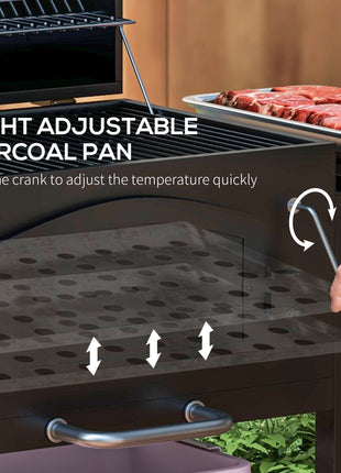 Charcoal BBQ Grill w/ Adjustable Height, Folding Shelves, Thermometer, and Wheels, Black
