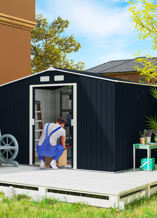 9' x 6' Outdoor Storage Shed, Garden Tool Metal Shed with Foundation Kit, Double Lockable Door, Air Vents and Sloping Roof, for Backyard, Patio, Lawn, Dark Gray