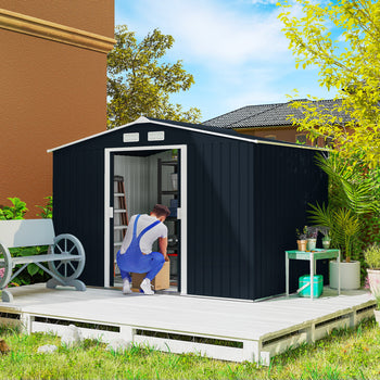 9' x 6' Outdoor Storage Shed, Garden Tool Metal Shed with Foundation Kit, Double Lockable Door, Air Vents and Sloping Roof, for Backyard, Patio, Lawn, Dark Gray