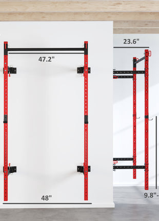 Folding Squat Rack with Pull Up Bar, Wall Mounted and Adjustable, 1000 Pounds Capacity Power Rack, Red
