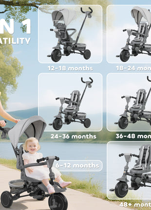 6 in 1 Kids Tricycle with Adjustable Push Handle, Removable Canopy, Reversible Seat, for 1-5 Years, Gray