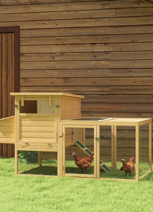 75" Wooden Chicken Coop with Nesting Box, Removable Tray, Ramp Run, for Garden Backyard, Natural Wood