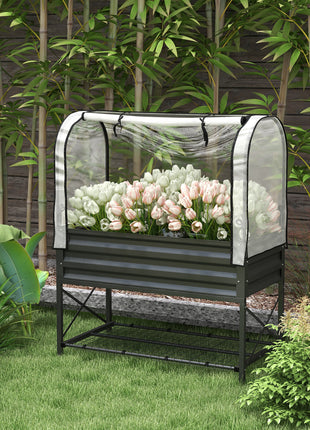 Raised Garden Bed with Legs and Cover, Metal Elevated Planter Box with Bottom Shelf and Liner for Vegetables, Black