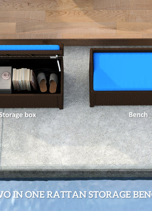 Outdoor Wicker Storage Bench with Storage & Cushion, Blue