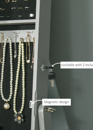 60" Full-Length Mirror Jewelry Storage Armoire w/ Lockable Door & Key, Gray