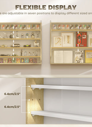 5-Tier Display Cabinet, Wall-Mounted Display Case with 2 Glass Doors and Adjustable Shelves, Oak and White